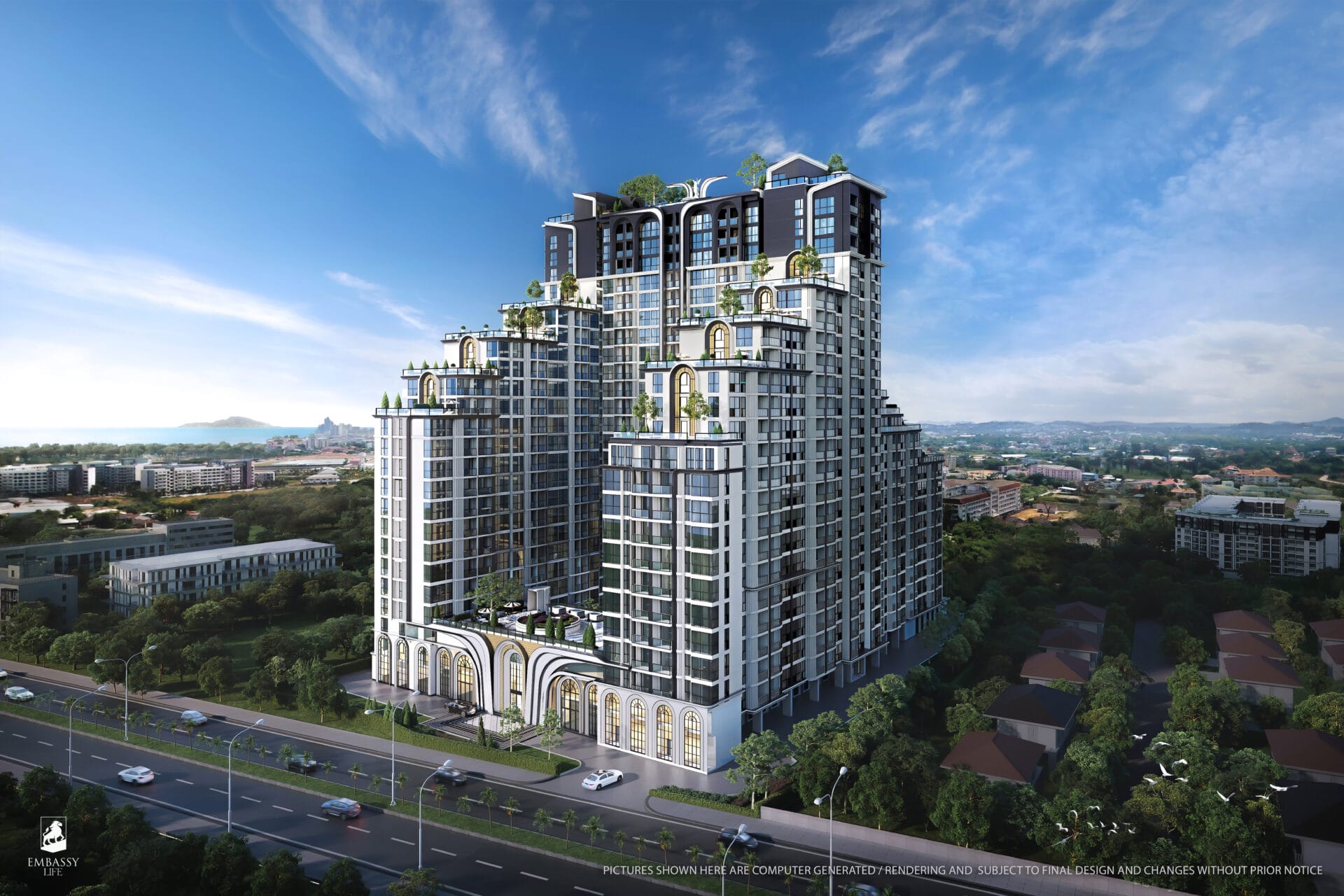 Embassy Life Pattaya exteriér budovy zo vstupom na hlavnú cestu Jomtien 2nd road